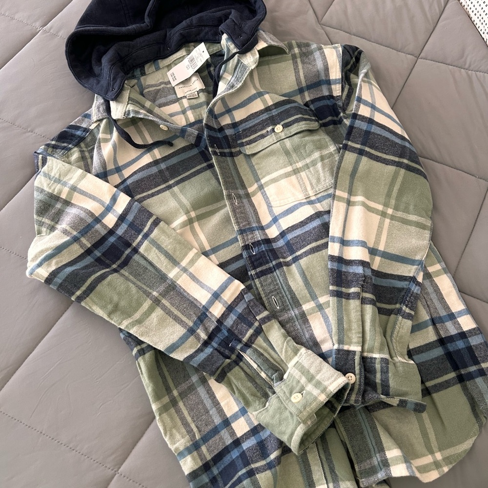 American Eagle Plaid Hooded Flannel Shirt - Green & Navy Women’s Small